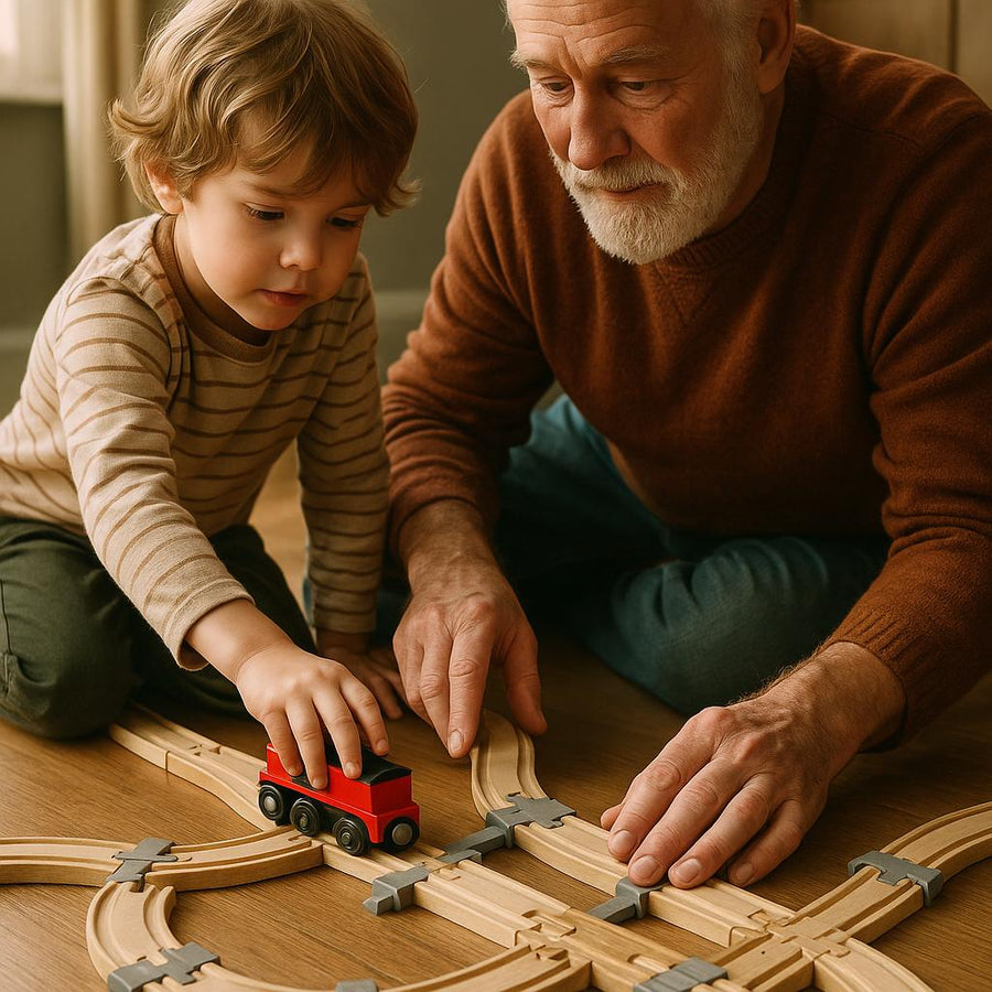 Bedstefar og barnebarn leger med trælegetøjstog på gulvet.