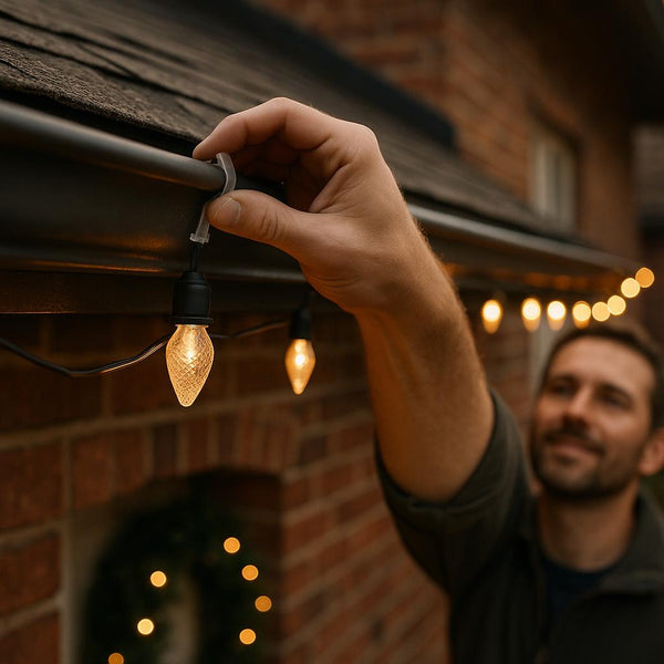 En person hænger julelys op på taget af et hus.