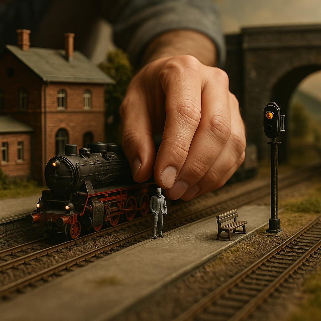 Miniature jernbanescene med tog og håndplaceret figur.