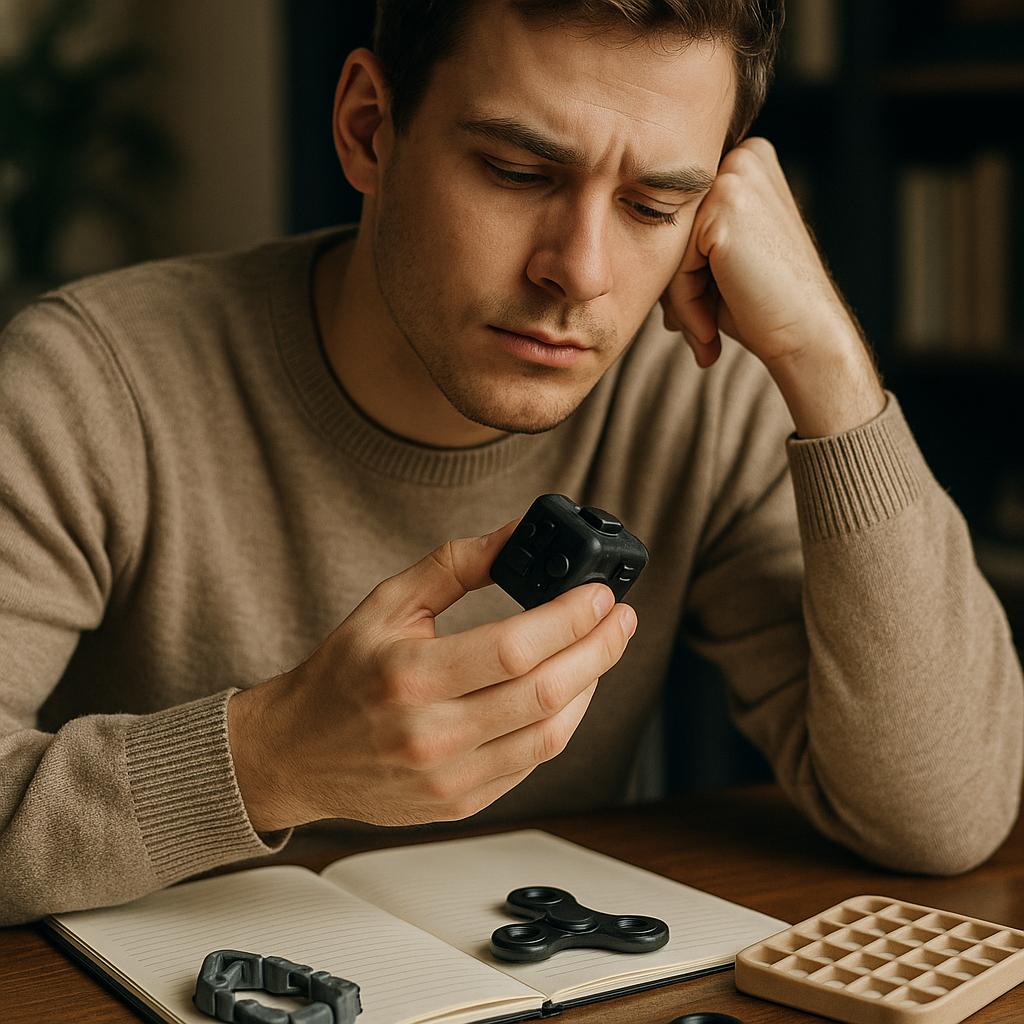 Mand ser eftertænksomt på en fidget cube ved skrivebord med notesbog.