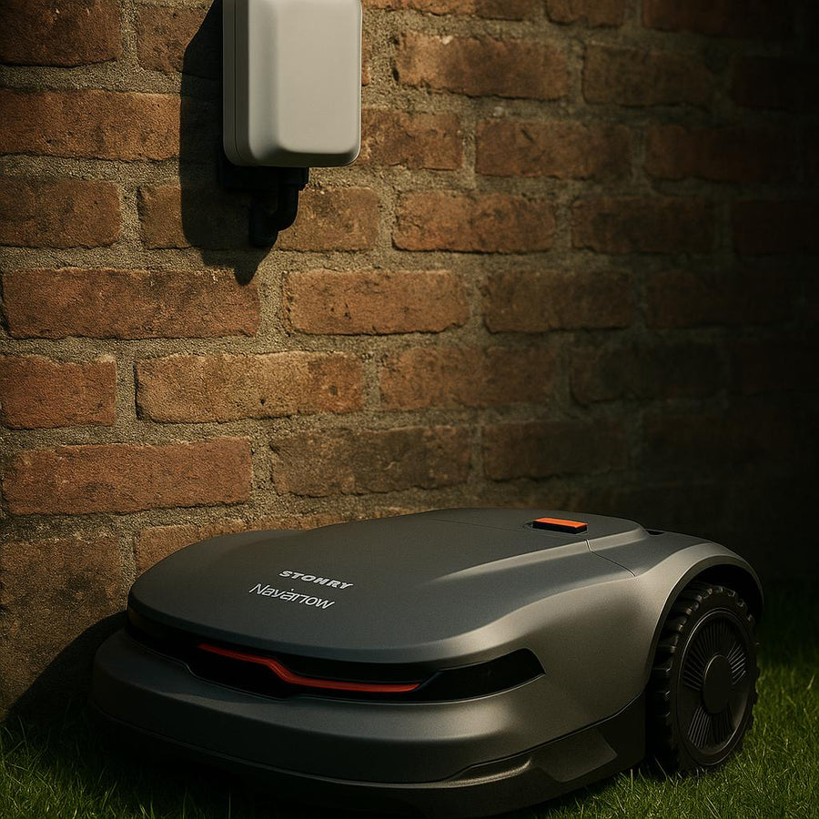 Robotplæneklipper foran murstensvæg med opladerstation.