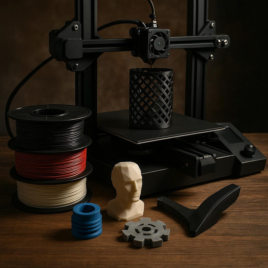 3D-printer med filamentruller og udskrevne objekter på et bord.