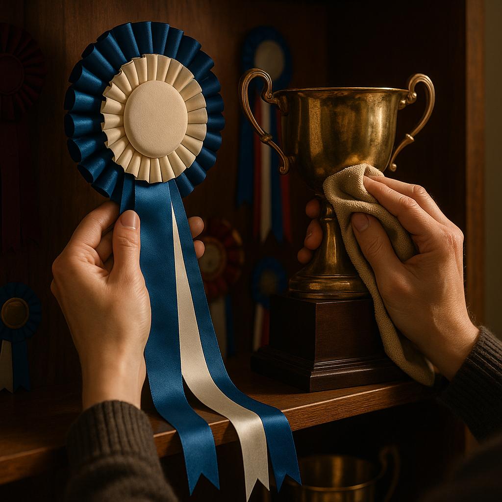 Trofæ og præmie på en hylde med hænder, der holder en roset og pudser en pokal.