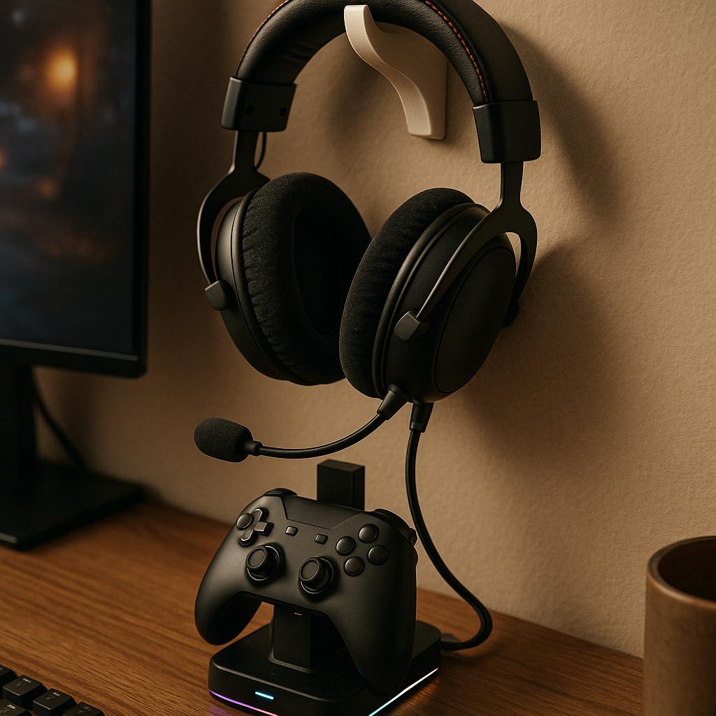 Headset og controller på skrivebordet ved siden af en skærm.