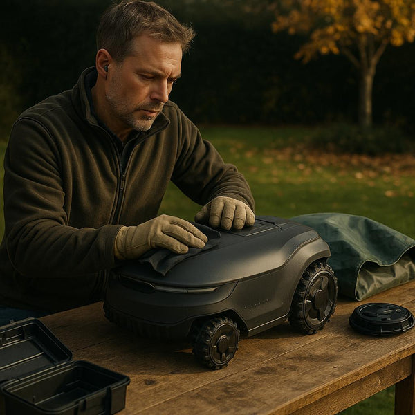 Person rengør robotplæneklipper på træbord i have.