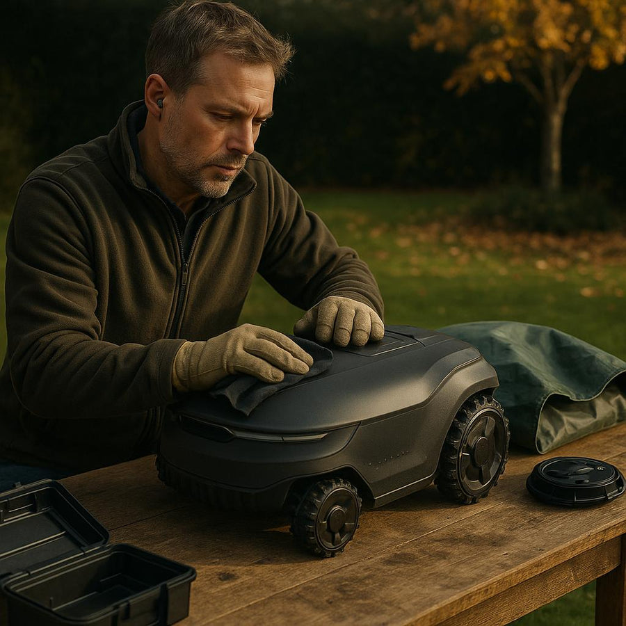 Person rengør robotplæneklipper på træbord i have.