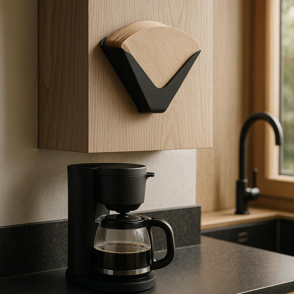 Sort kaffemaskine på køkkenbord med kaffefilterholder monteret på skabe.