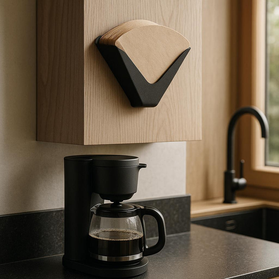 Sort kaffemaskine på køkkenbord med kaffefilterholder monteret på skabe.