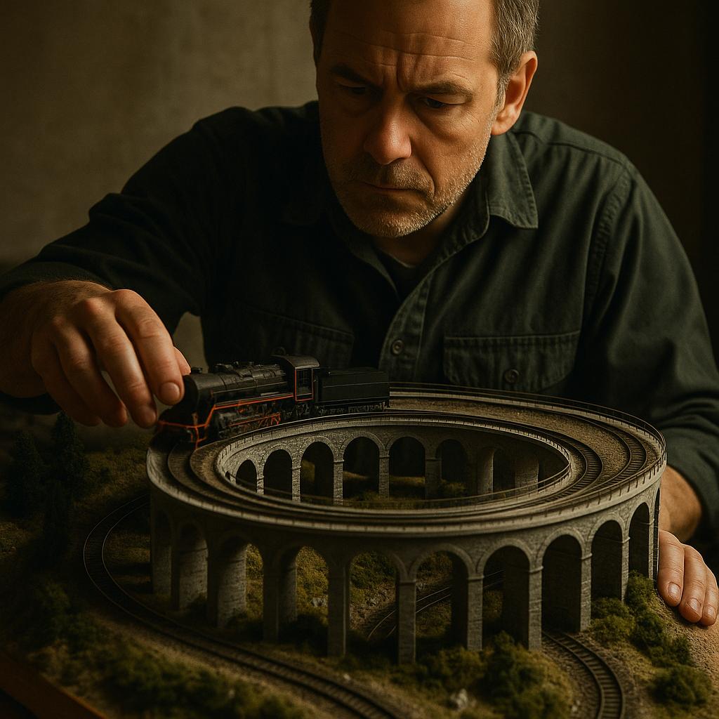 Mand arbejder koncentreret med modeljernbane på et spiralformet viadukt.