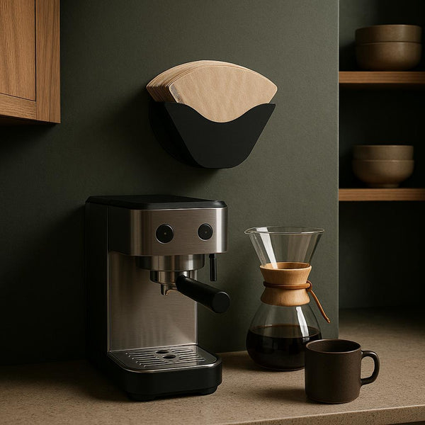 Espressomaskine og kaffetilbehør på køkkenbord.