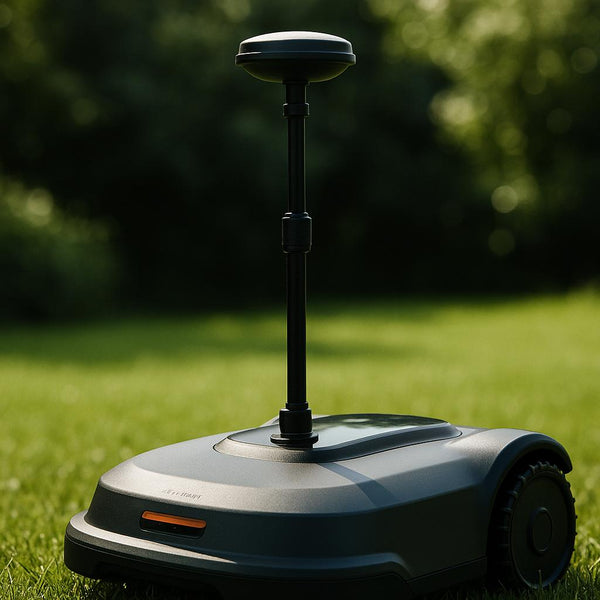 Selvkørende robotplæneklipper i en grøn have.