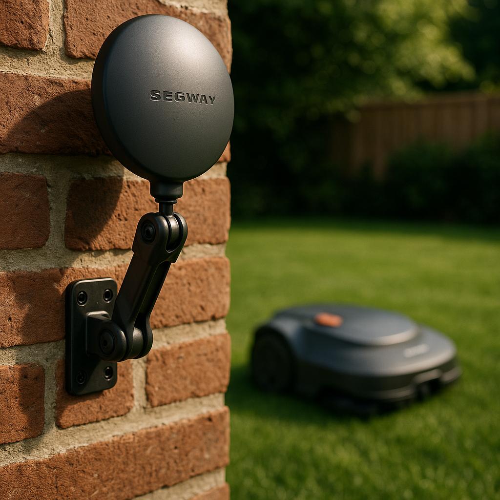 Robotplæneklipper i baggrunden med en sensor fastgjort til en murstensvæg.