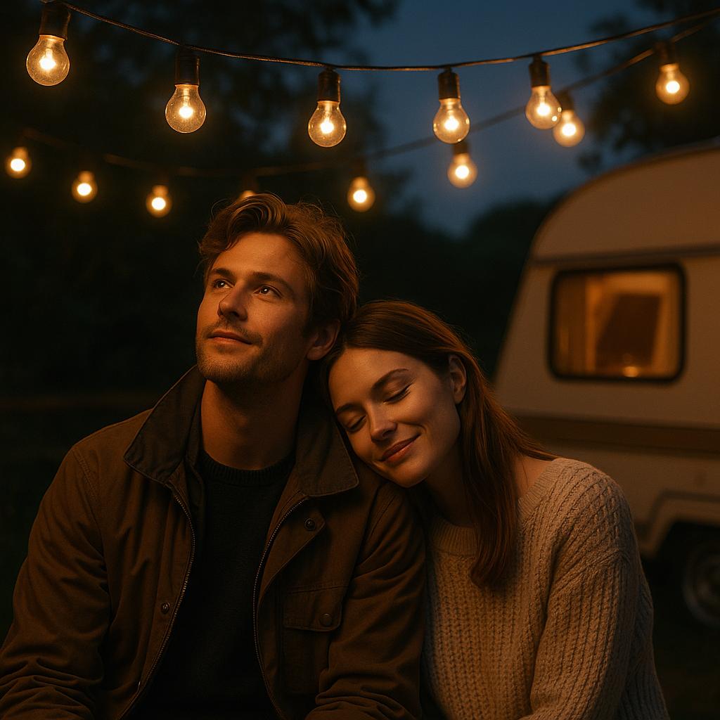 Par hygger sig under lyspærer ved en campingvogn.