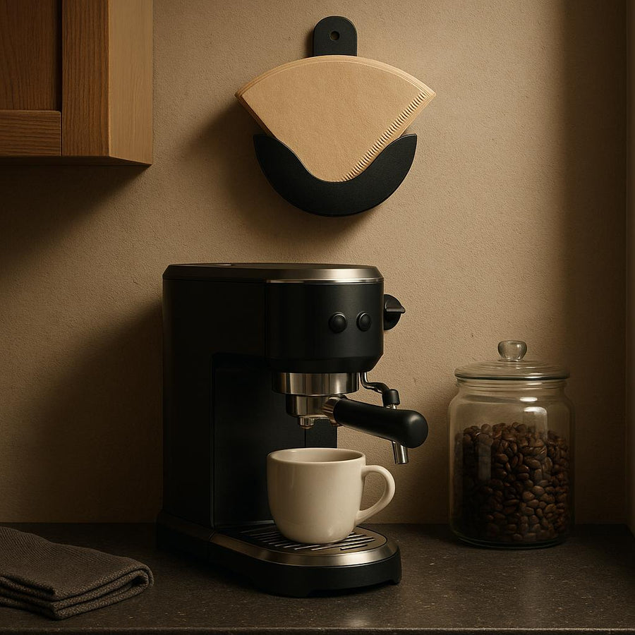 Espressomaskine på bord ved siden af kaffefilter- og bønneopbevaring.