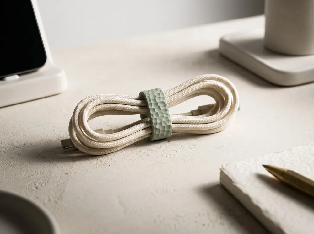 Janberry Kabelclips i grøn med bionisk mønster holder samling på et lyst, flettet USB-kabel på et lyst skrivebord