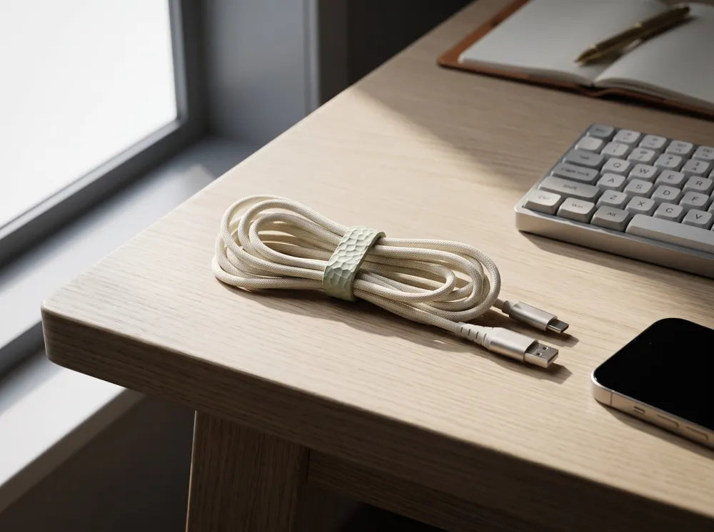 Janberry Kabelclips med Mønster i lysegrøn holder styr på et oprullet, hvidt stofkabel på et lyst træskrivebord