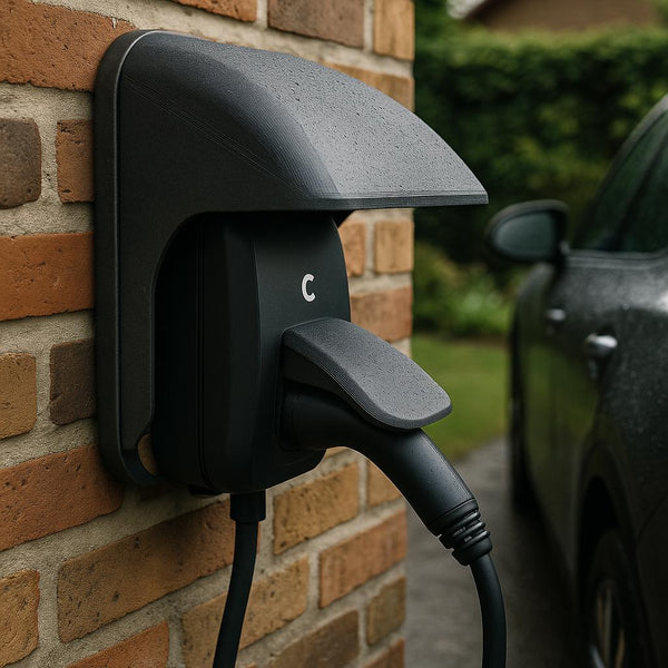 Opladningsstation til elbil monteret på murstensvæg.