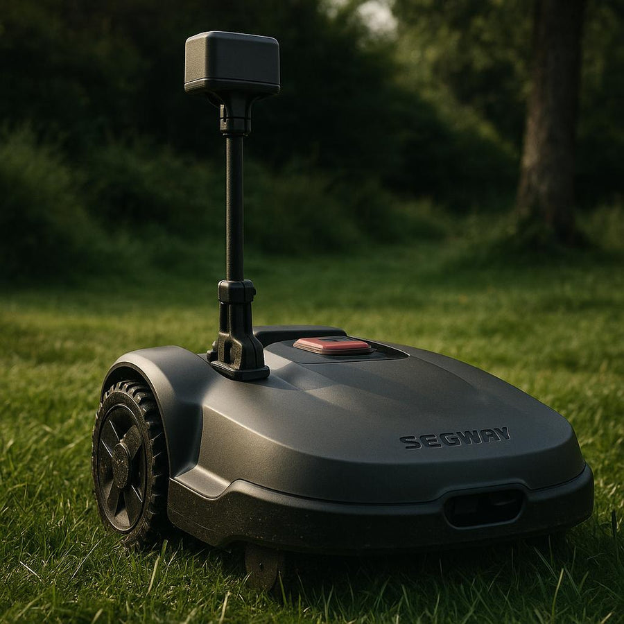 Skiveklipperrobot på græsplæne i en have.