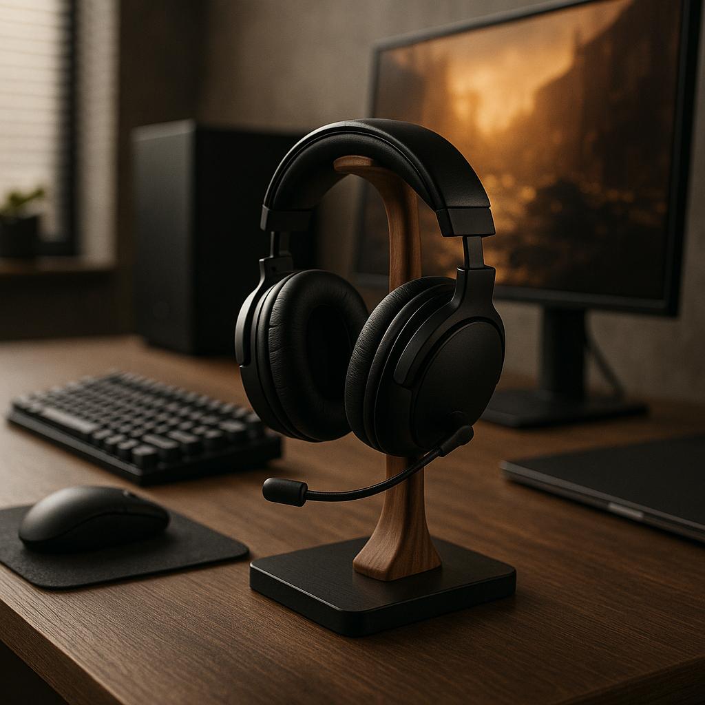 Sort headset på stativ ved siden af computerudstyr på skrivebord.