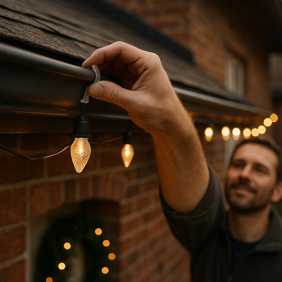 En person hænger julelys op på taget af et hus.