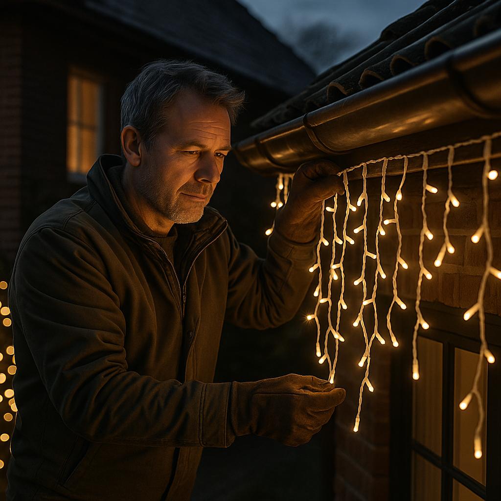 Mand hænger julelys op på hus i aftentimerne.