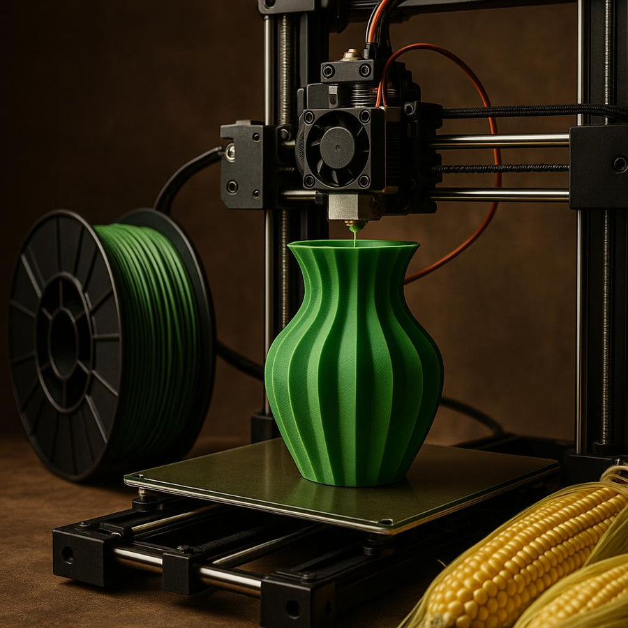 3D-printer, der fremstiller en grøn vase ved hjælp af bioplastiktråd fra majsstivelse.
