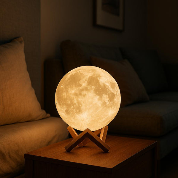 Månelampe på træstander ved siden af sofa i stue.