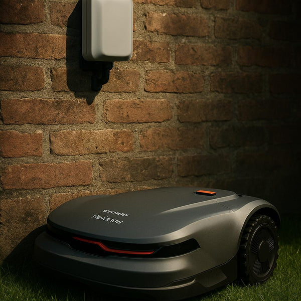 Robotplæneklipper foran murstensvæg med opladerstation.