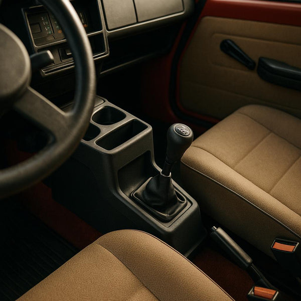 Rat indvendigt af en bil med gearstang og brune sæder.