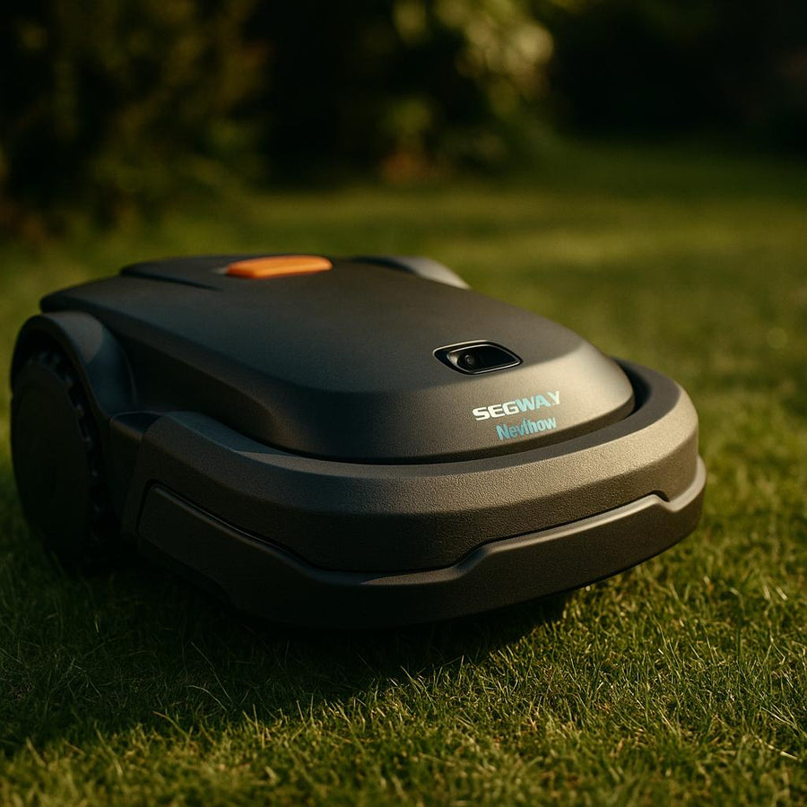 Plænerobot i græsset under solskin.