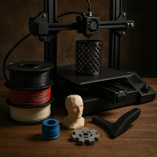 3D-printer med filamentruller og udskrevne objekter på et bord.