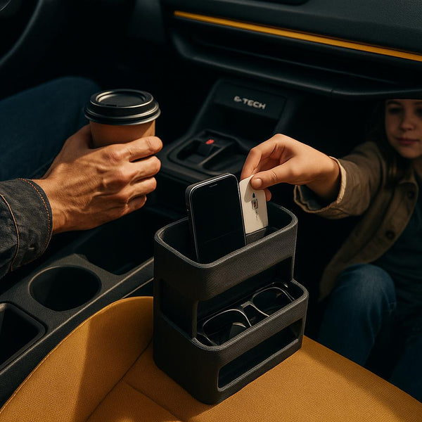 En person placerer en mobiltelefon og et kort i en bilorganisator, mens en anden holder en kaffekop.