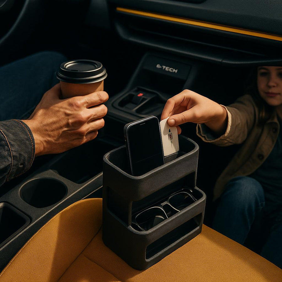 En person placerer en mobiltelefon og et kort i en bilorganisator, mens en anden holder en kaffekop.