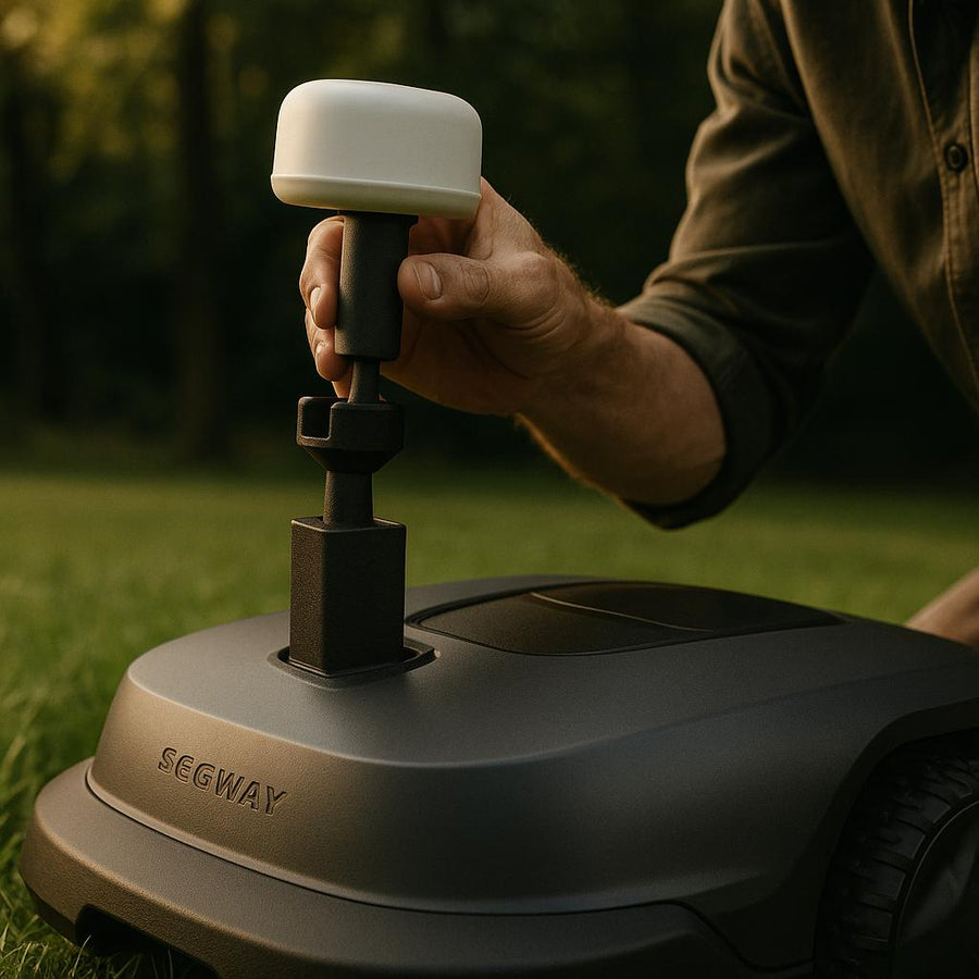 En person fastgør en komponent på en Segway-enhed i en have.