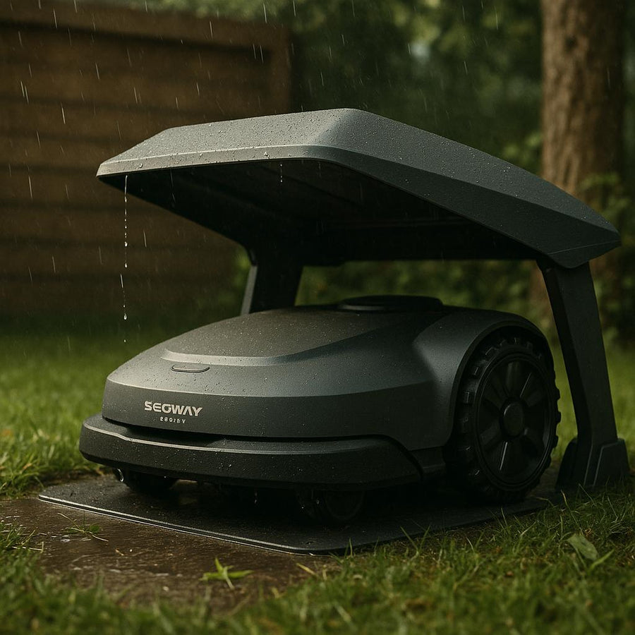 Robotplæneklipper fra Segway under en regnvejrsbeskyttelse i haven.