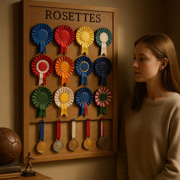 Trofævæg med rosetter og medaljer ved siden af ung kvinde.