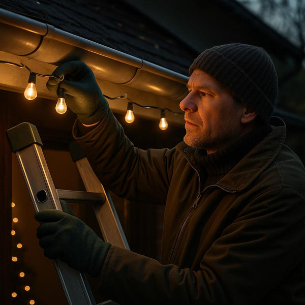 Mand på en stige hænger udendørs lyskæde op i vintertøj.