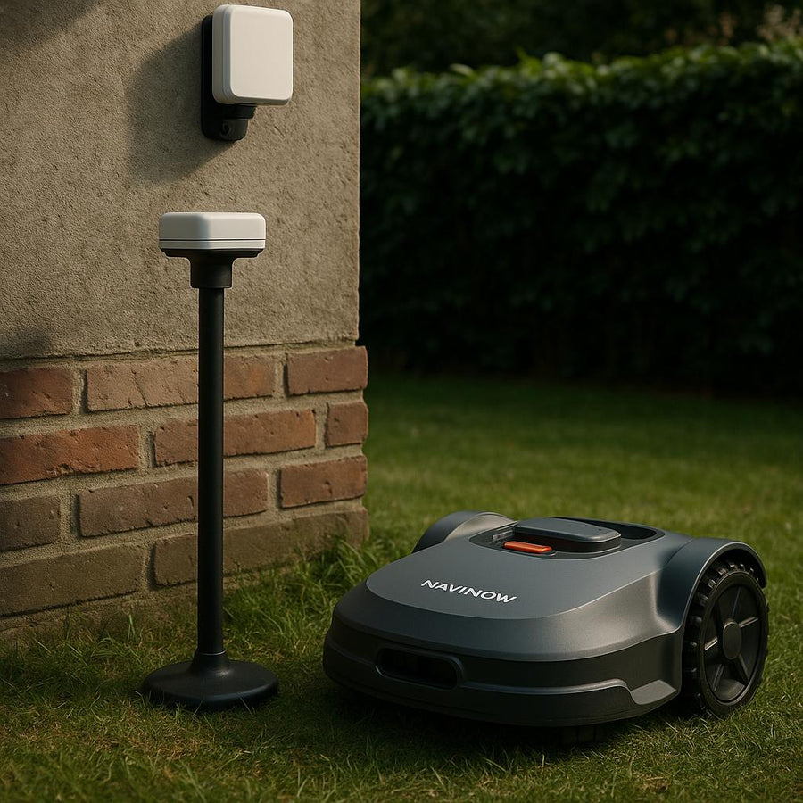 Robotplæneklipper ved murstensvæg med sensor og opladningsstation.