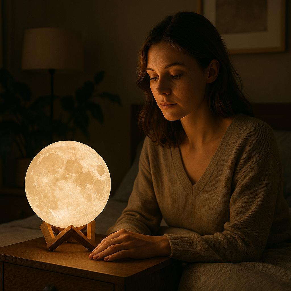 En kvinde sidder ved siden af en bordlampe formet som en måne.