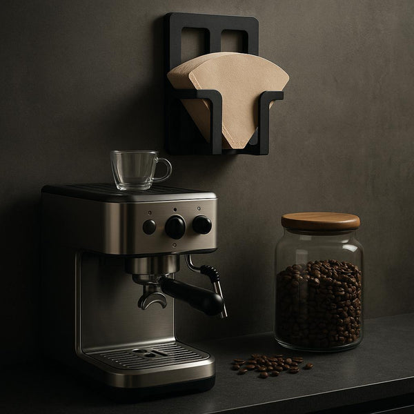 Espressomaskine med kaffekværn, filterholder og glas med kaffebønner på køkkenbord.