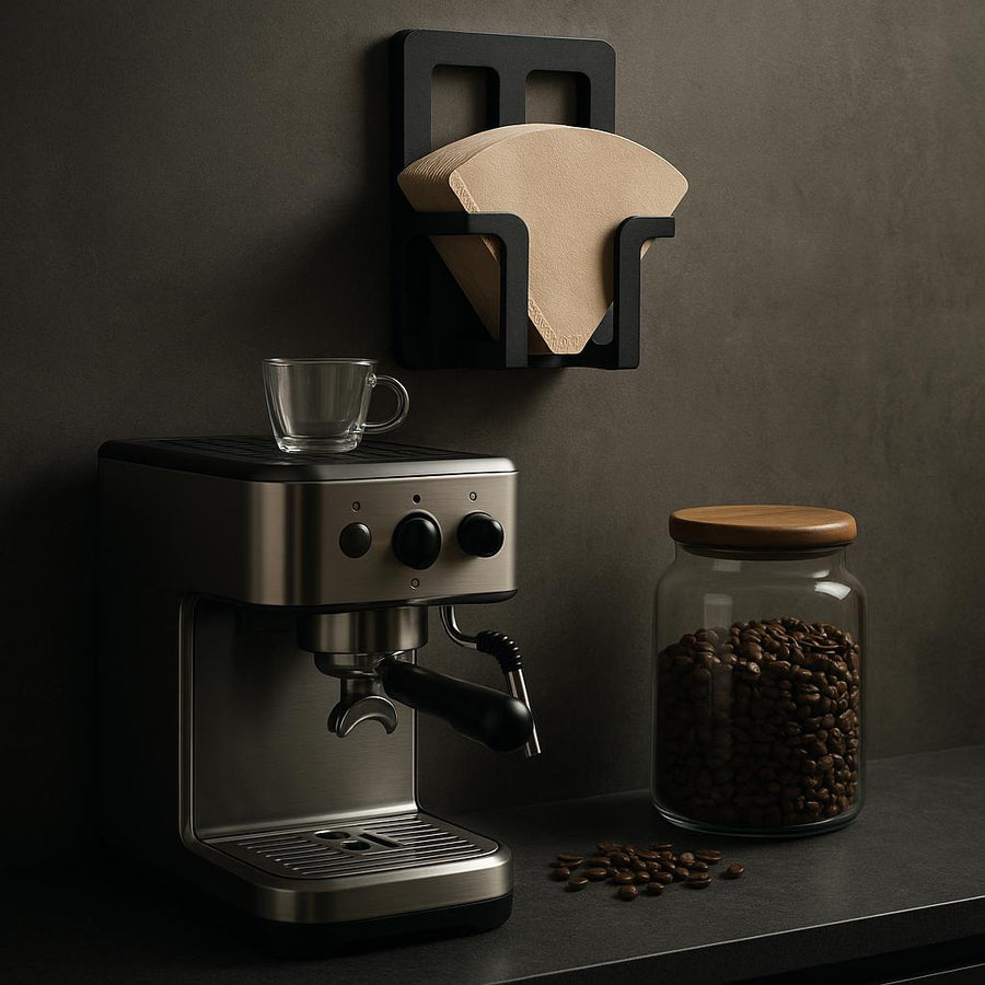 Espressomaskine med kaffekværn, filterholder og glas med kaffebønner på køkkenbord.