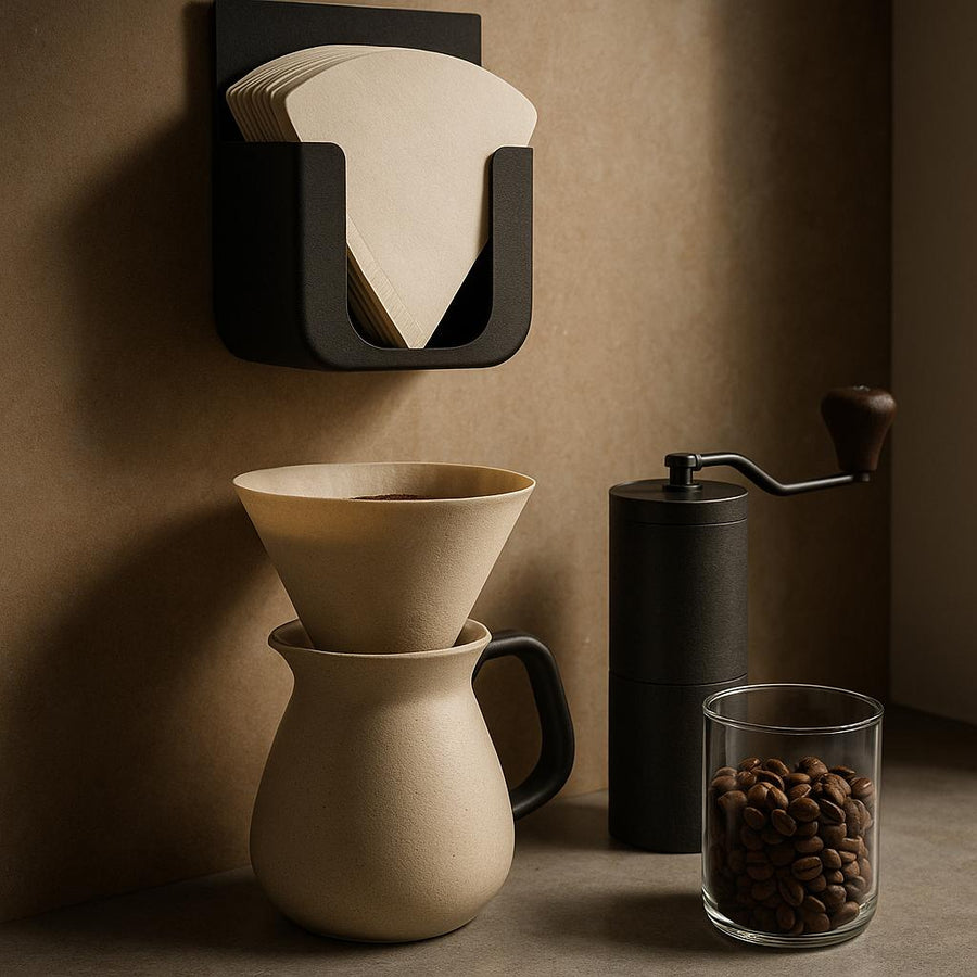 Kaffehjørne med filterholder, håndkværn og kaffebønner.