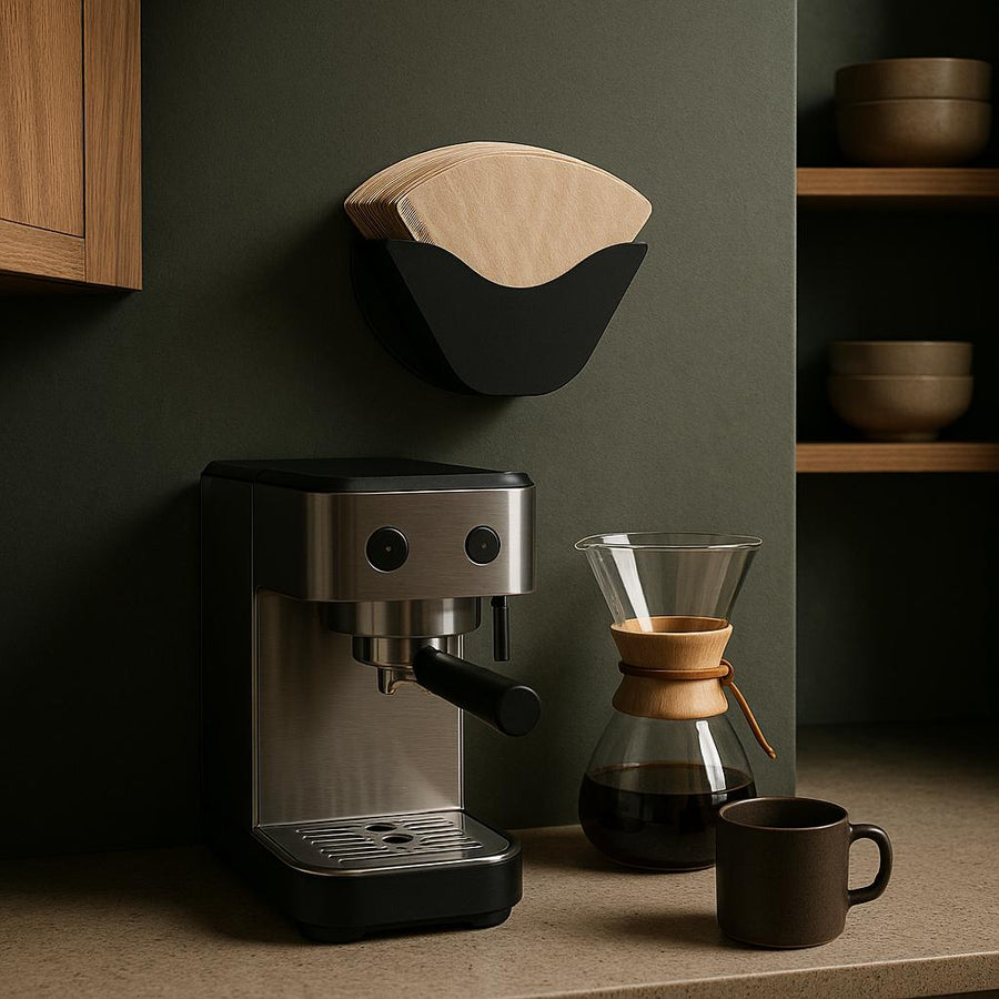 Espressomaskine og kaffetilbehør på køkkenbord.