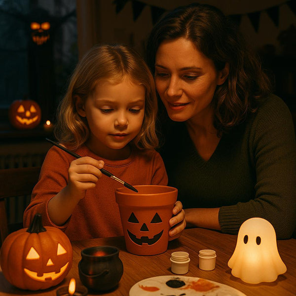 Mor og datter maler Halloween-græskar på en lerpotte ved et stearinlysbelyst bord.