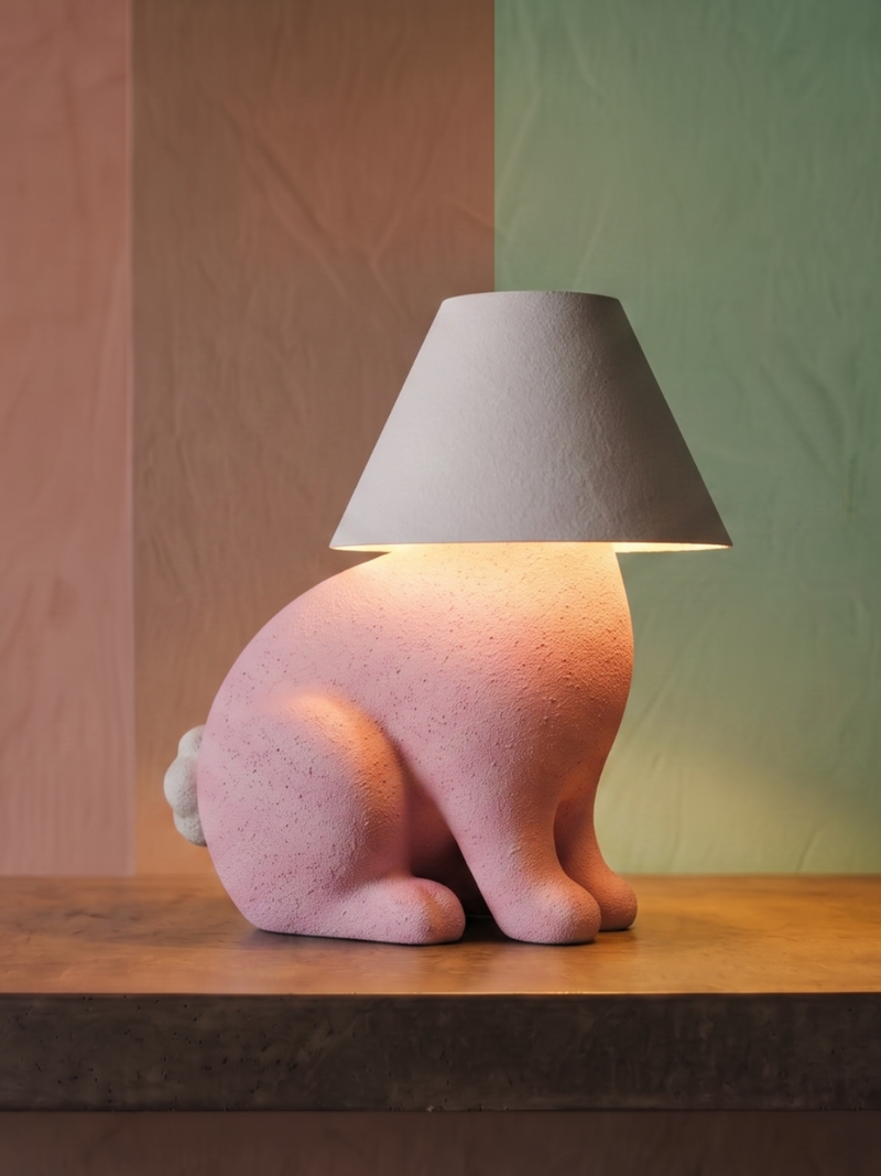 Loopy Lamp Bunny set forfra på en hylde, 3D-printet i Holstebro af JM Dimensions