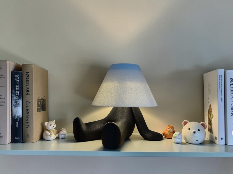 Loopy Lamp Lazy tændt på en hylde, 3D-printet i Holstebro af JM Dimensions