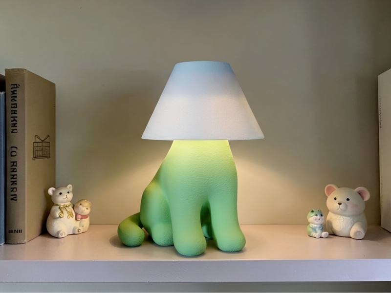 Loopy Lamp Woof tændt på en reol, 3D-printet i Holstebro af JM Dimensions