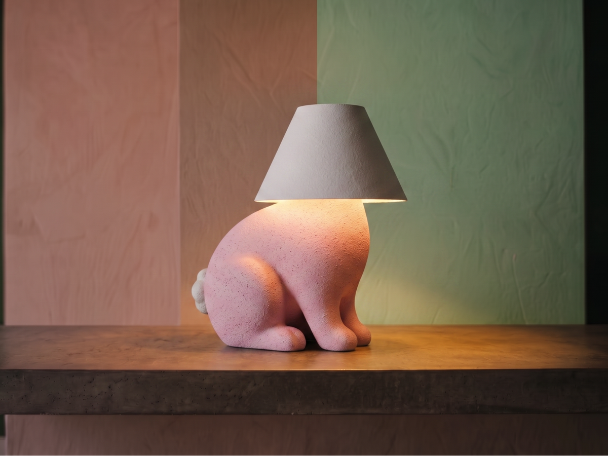 Loopy Lamp Bunny kaninlampe med lyset tændt, 3D-printet i Holstebro af JM Dimensions